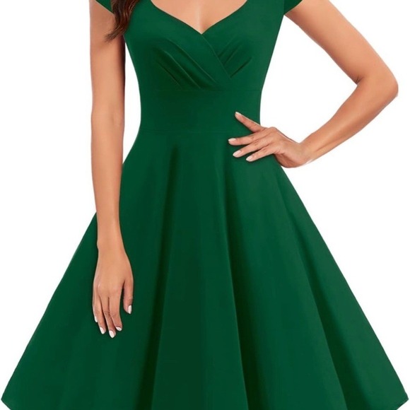 Cbonfinedress Dresses & Skirts - Cbonfinedress Women Solid Cap Sleeve V Neck Fit Flare Midi Dress Green Size M